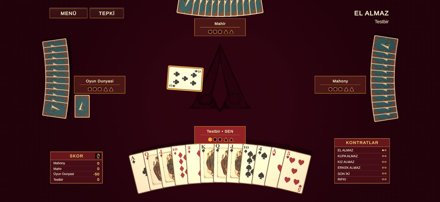 King masası, ortada oynanan kartlar